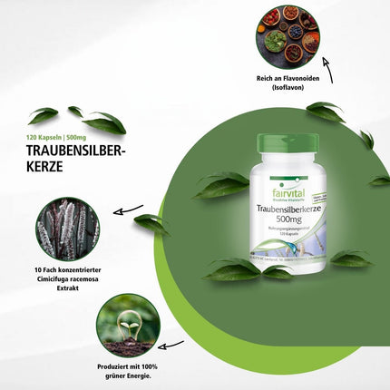 Fairvital | Black Cohosh Capsules 5000mg - 120 Capsules - HIGH DOSE with 500mg Black Cohosh Extract 10:1 per capsule - VEGAN - Cimicifuga Racemosa