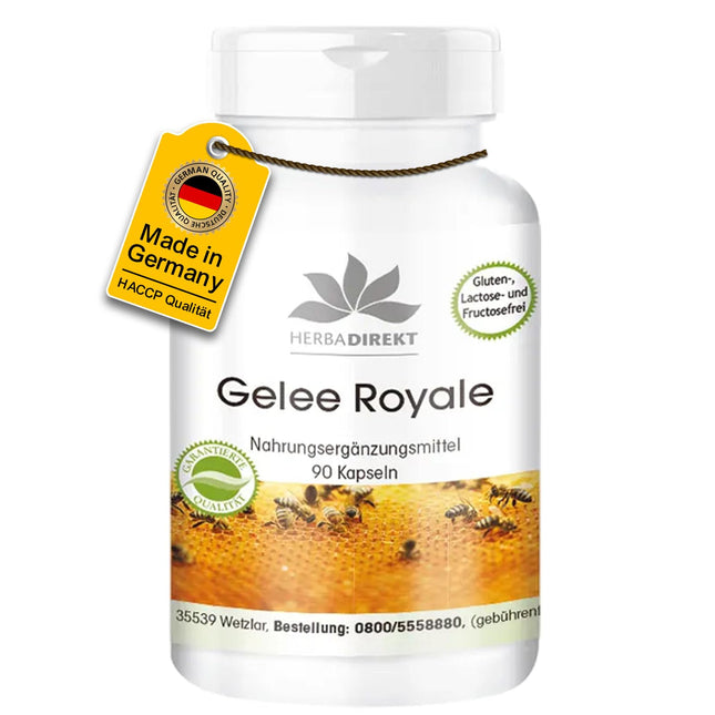 Royal Jelly Extract 500mg - 90 Capsules, 4-fold concentrated from 2000mg Royal Jelly - High Dosage | HERBADIREKT by Warnke Vitalstoffe - German Pharmacy Quality