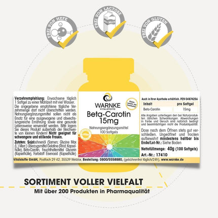 Beta Carotene 15mg - 100 Softgels for 100 days, Carotenoid, Provitamin A | Warnke Vitalstoffe - German Pharmacy Quality