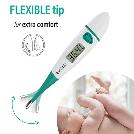 Evolu Waterproof Flexible Digital Thermometer Measurement in the mouth, rectum or armpit with flexible measuring tip in 10 seconds - Babies, children, adults - high precision - with storage box