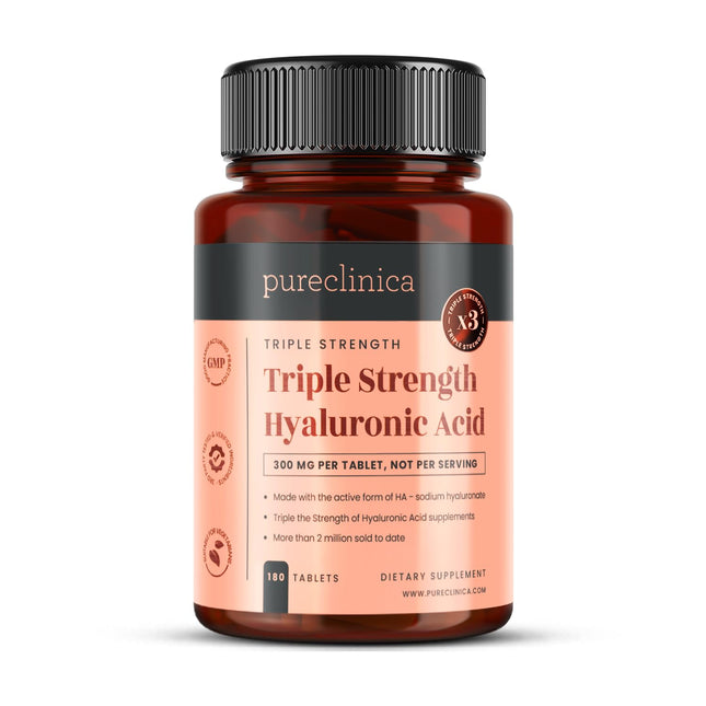 Hyaluronic Acid 300 mg x 180 Tablets (3-month supply). Triple strength hyaluronic acid. 300% more powerful than any other HLA tablet.