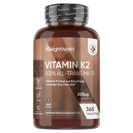 Vitamin K2 MK7-365 vegan tablets - 200µg per dose - 100% all-trans menaquinone - 1 year supply - Vitamin K supplements from WeightWorld