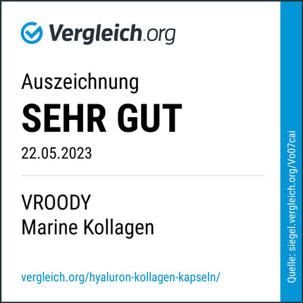 Premium Marine Collagen Combo 1000mg + Q10, hyaluronic acid, copper, manganese, vitamins C, zinc, and biotin contribute to the maintenance of normal skin and hair; Made in Austria by VROODY - test result: VERY GOOD!