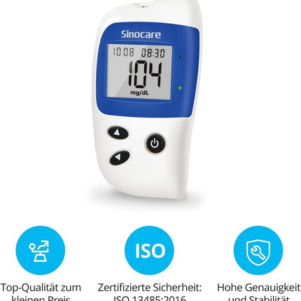sinocare blood glucose meter, glucose monitor with blood glucose test strips 100, pain-free fast blood glucose alarm lamp, mg/dL