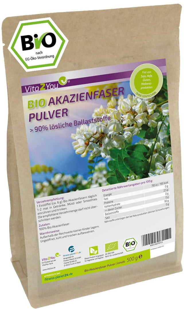 Vita2You Organic Acacia Fiber 500g Powder - Fiber - Acacia Fiber without Additives - Vegan - Tasteless