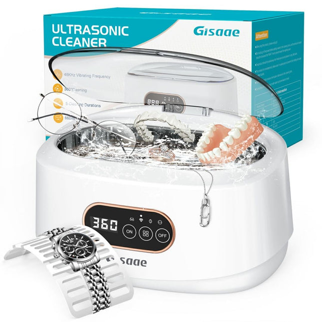 Gisaae Ultrasonic Cleaning Device 48000Hz Eyeglass Cleaning Device 660ml Denture Cleaning Baths with Watch Stand and Cleaning Basket for Eyeglasses Jewelry Watches Coins