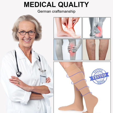 2 Pairs of Medical Compression Stockings for Women &amp; Men 20-30 mmHg, Class 2, Closed Toe Graduated Support Stockings for Varicose Veins, Edema, and Flight (2x Beige, L)