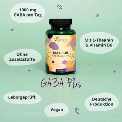 Gaba Vegavero® | High Dose | 1,000 mg Gamma Aminobutyric Acid per Serving | With L-Theanine &amp; Vitamin B6 | 120 Vegan Capsules | No Additives &amp; Laboratory Tested