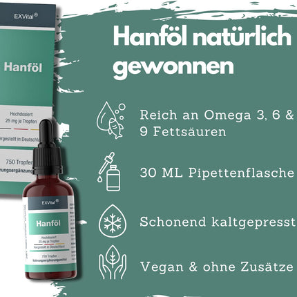 EXVital hemp seed oil, 25mg per daily dose, 750 drops, cold-pressed, 30ml, premium cultivation, vegan &amp; laboratory-tested