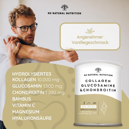 Collagen hydrolysate powder with hyaluronic acid, glucosamine, vitamin C, magnesium, and silicon. Collagen powder. Powerful cartilage protection. Strengthens joints, bones, and skin. EU. N2 Natural Nutrition
