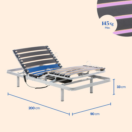 Geriafy - Electrically Adjustable Slatted Frame Home Silver | 90x200 cm | Reinforced and compact | Wired remote control