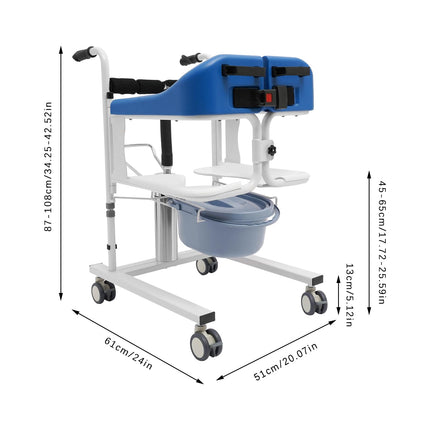 MINRS Hydraulic Patient Lift Transfer Chair Shower Chair with Wheels up to 90 kg Commode Chair for Seniors 180° Split Seat for Sick, Elderly, Disabled, Pregnant Women Blue