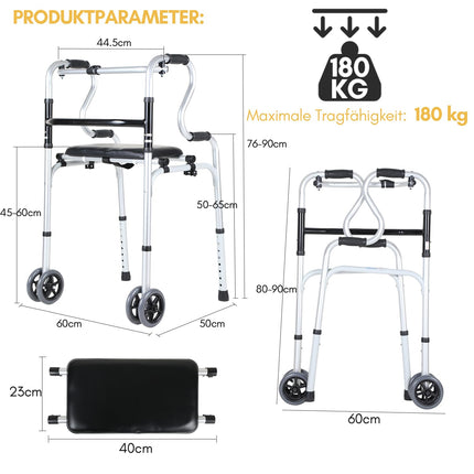 Eulenke walking aid for seniors, folding walking frame with 2 castors, walking aid for adults, height-adjustable walking frame made of aluminum, non-slip, stable walking frame up to 180 kg, silver