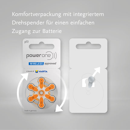 Power one hearing aid batteries type 13 orange, 60 batteries, storage pack, wireless approved, size p13 for hearing aids and hearing aids, high hearing level, mercury-free, Made in Germany