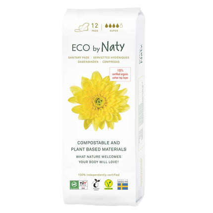 Eco by Naty Super Sanitary Pads – Plant-Based and Absorbent Organic Sanitary Pads with Wings, Menstrual Product Made from Organic Cotton, Better for Feminine Health (12 Pack)