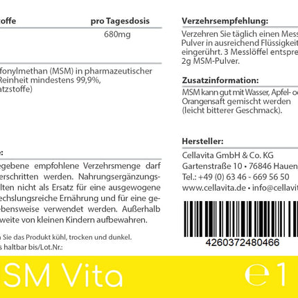 Cellavita – Organic Sulfur MSM Vita Powder, high dosage &amp; 99.9% pure – Pure Methylsulfonylmethane Powder 1kg in a bag – MSM Powder additive- and preservative-free – Made in Germany