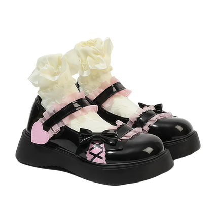 Women Lolita Shoes Heel Mary Jane Lace Pumps with Bow Kawaii Cute Cosplay Wedge Boots Cross Strap Block Heel Sweet Style