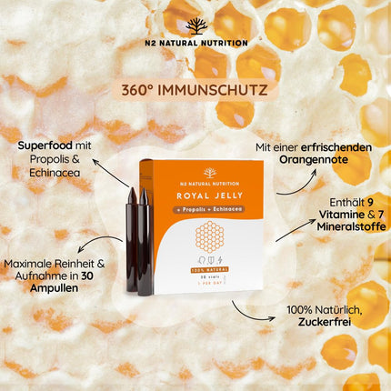 Pure Royal Jelly with Propolis, Vitamin C, and Echinacea. 30 ampoules, 2000 mg. Reduces fatigue and other symptoms, increases energy and vitality, and strengthens metabolism. N2 Natural Nutrition