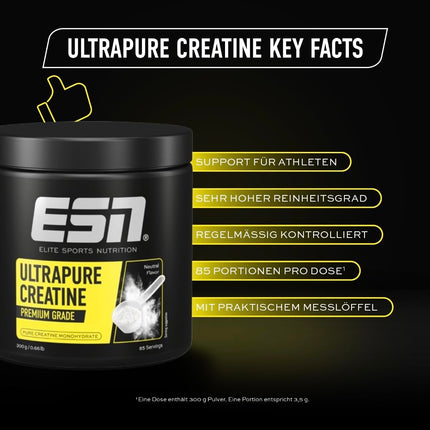 ESN Ultrapure Creatine Monohydrate, 300 g, 85 servings, creatine powder, microfine &amp; optimally soluble, vegan - made in Germany (design may vary)