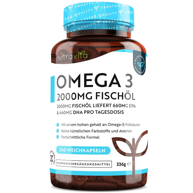 Omega 3 capsules high-dose 240-2000mg fish oil capsules with 660mg EPA &amp; 440mg DHA per serving - Omega 3 oil, pure fish oil from sustainable fisheries - Tested/Certified in Germany - Nutravita
