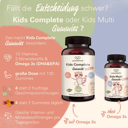 wowtamins Kids Complete sugar-free - Vegan Multivitamin Gummies with Omega 3 (30-day supply) - Vitamins for children - Food supplement for the immune system with vitamins C, D3, B12, zinc &amp; more