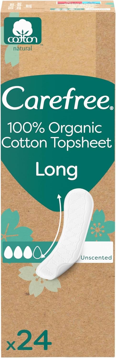 Carefree Panty Liners 100% Organic Cotton Topsheet Long (24 pieces), made from 100% certified organic cotton for a natural, dry feeling, size long