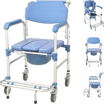 Shower chair with wheels, toilet chair for seniors, wheelchair with shower seat, waterproof chair, commode, load capacity 150 kg for patients, seniors, disabled pregnant women