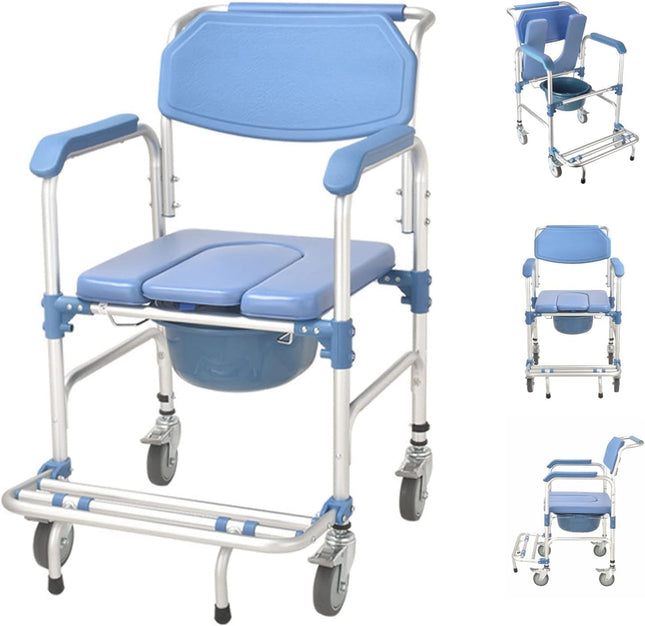 Shower chair with wheels, toilet chair for seniors, wheelchair with shower seat, waterproof chair, commode, load capacity 150 kg for patients, seniors, disabled pregnant women
