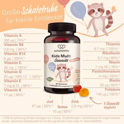 wowtamins Kids Complete sugar-free - Vegan Multivitamin Gummies with Omega 3 (30-day supply) - Vitamins for children - Food supplement for the immune system with vitamins C, D3, B12, zinc &amp; more