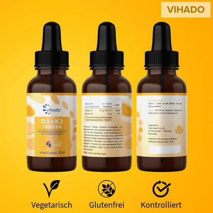 Vihado Vitamin D3 K2 Drops High Dose for Adults, XXL Pack with 1000 IU Vitamin D3, Premium Purity without Additives, 50 ml (1,700 Drops)