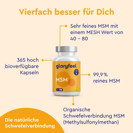 MSM Capsules - 365 vegan capsules - Laboratory-tested 1600mg methylsulfonylmethane (MSM) per daily dose - 99.9% pure MSM powder - High dosage &amp; without additives, made in Germany
