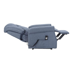 Sime FR-1 ADJUSTABLE electric recliner with vibrating massage. Combined backrest and footrest inclination. 4 wheels move the user. Non-deformable seat, dirt-repellent, stand-up aid. Denim Blue.
