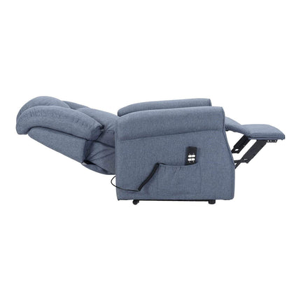 Sime FR-1 ADJUSTABLE electric recliner with vibrating massage. Combined backrest and footrest inclination. 4 wheels move the user. Non-deformable seat, dirt-repellent, stand-up aid. Denim Blue.