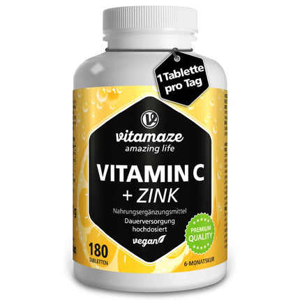 High-dose vitamin C 1000 mg + zinc, vegan &amp; optimally bioavailable, 180 tablets for 6 months, natural food supplement without unnecessary additives, made in Germany