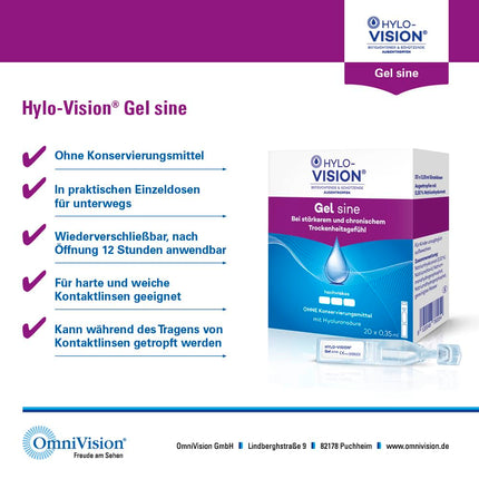 Hylo-Vision Gel sine eye drops – Intensive moisturizing for severely and chronically dry eyes, ideal for on-the-go use, highly viscous, preservative-free, suitable for contact lenses, 60 x 0.35 ml