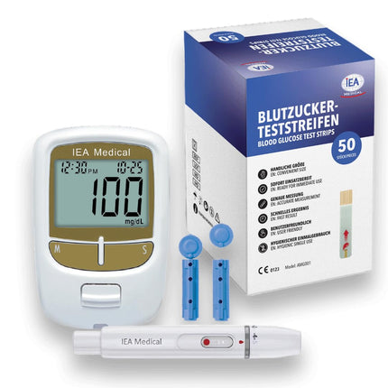 IEA Medical Bundle: Blood Glucose Meter Set with 100 Test Strips and 50 Lancets, Blood Glucose Monitoring System for Diabetes, Blood Glucose Measurement for Blood Sugar Control