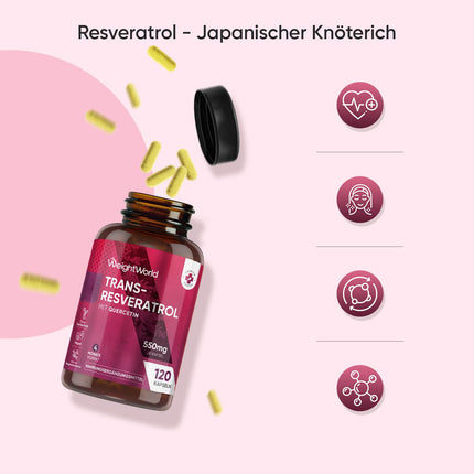Resveratrol Capsules - 500mg Trans-Resveratrol with 50mg Quercetin - 4-Month Supply - Alternative to OPC Capsules - 120 Vegan Capsules without Magnesium Stearate - Polyphenols from Knotweed - WeightWorld