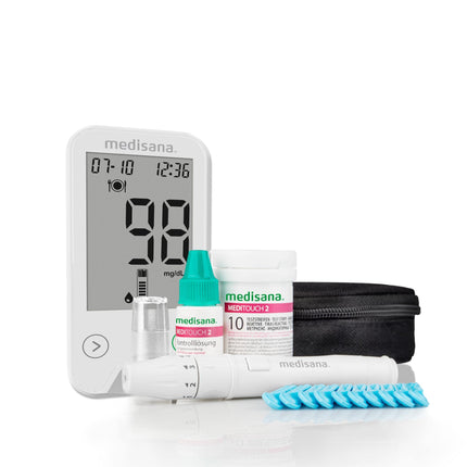 Medisana MediTouch 2 mg/dL blood glucose meter, starter set with test strips for diabetics, lancets for blood glucose monitoring, diabetes set, rapid test