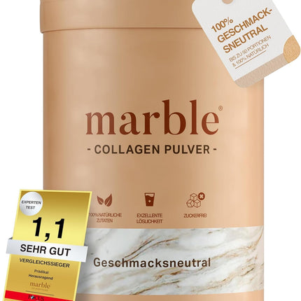 marble® Collagen Powder 500 g - Collagen peptides skin glow - 60-day risk-free trial - High-dose amino acid complex - Collagen powder in a cardboard container without a plastic spoon - tasteless