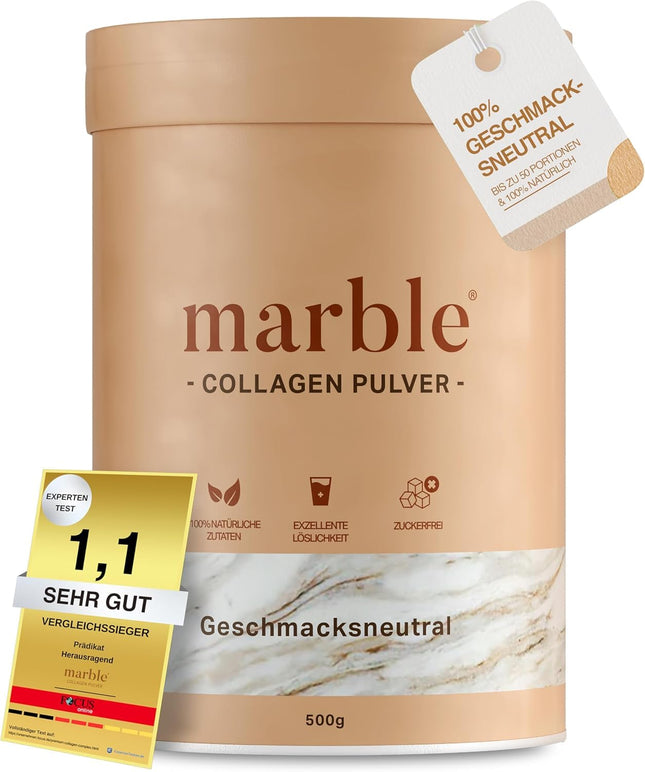 marble® Collagen Powder 500 g - Collagen peptides skin glow - 60-day risk-free trial - High-dose amino acid complex - Collagen powder in a cardboard container without a plastic spoon - tasteless