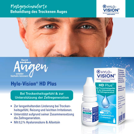 Hylo-Vision HD Plus eye drops – Moisturizing and protecting dry and irritated eyes, supporting cell regeneration, slightly viscous, suitable for contact lenses, 2 x 15 ml