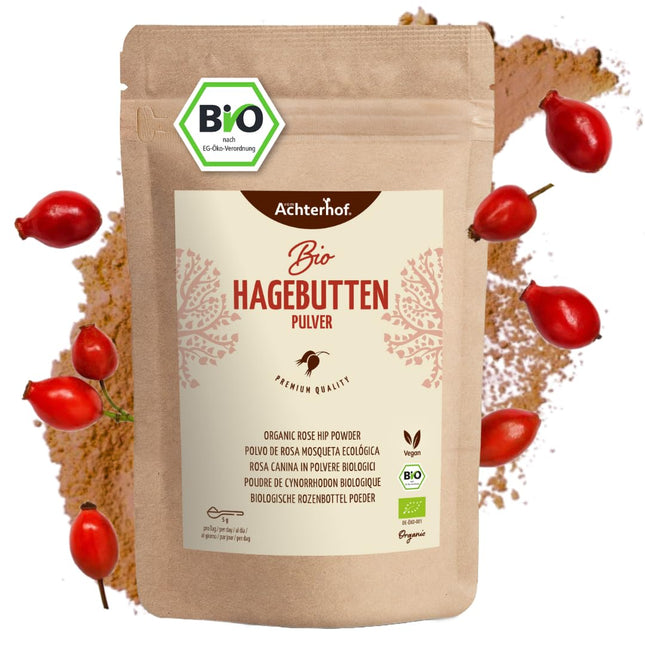 Organic rosehip powder 1000g | whole rosehip ground | fruity, sweet and spicy aroma | 100% organic rosehip powder in raw food quality | from Achterhof