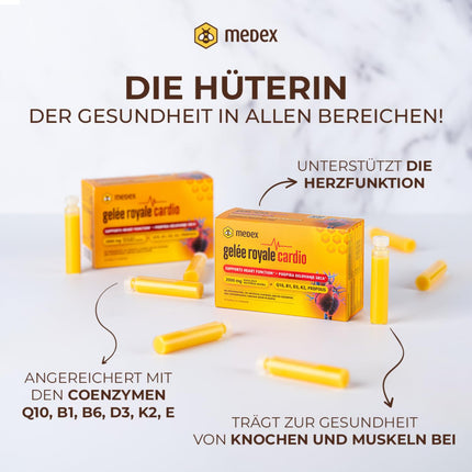 Medex Royal Jelly Cardio 2000 mg - Heart Vitamins - With Royal Jelly, Q10, Vitamins B1, D3, K2 &amp; Propolis - Dietary Supplement - 10 Ampoules - 10 Days