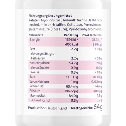 Effective Nature Inositol Tablets – Myo- &amp; D-Chiro-Inositol in the optimal ratio – with 400 µg folic acid per daily dose – Vegan &amp; without additives – 120 Tablets