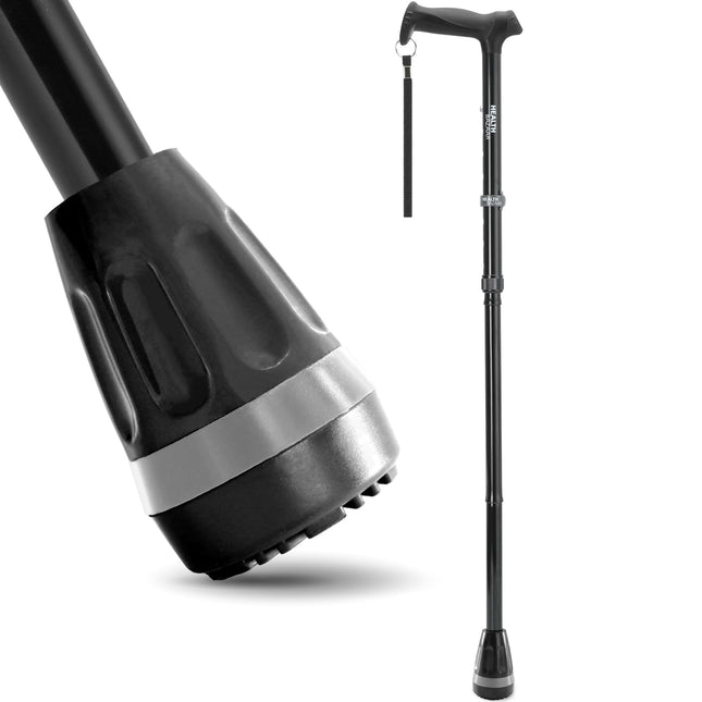 HealthBazaar All-Terrain Walking Stick, Foldable Walking Sticks for Men and Women, Air Cushion Walking Stick Tips, Collapsible Walking Stick with Shock-Absorbing, Comfortable Handles (Black)