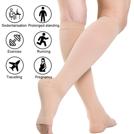 Open Toe Medical Compression Stockings Women &amp; Men 20-30 mmHg Class 2, Size S-4XL, Compression Socks Support Stockings for Varicose Veins Edema Flight (Beige, M)