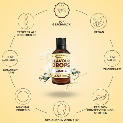 IronMaxx Flavour Drops - Vanilla 50ml | calorie-free &amp; sugar-free | vegan flavour drops for sweetening foods | practical dropper cap