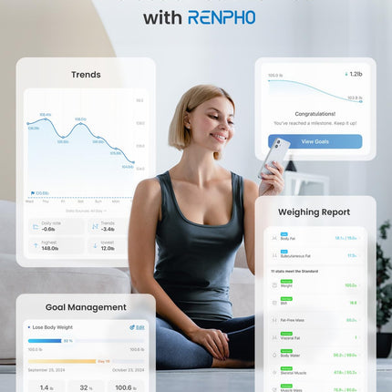 RENPHO Personal Scales, Body Fat Scales with App, 180 kg/400 lbs, Digital Bluetooth Body Analysis Scales for Body Fat, BMI, Muscle Mass, Protein, BMR, Black
