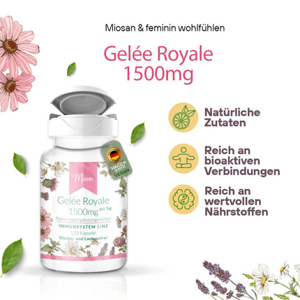 Royal Jelly 1500mg - IMMUNE SYSTEM LINE - with 1500mg, including 60mg 10-HDA - 120 Capsules - High Dosage - 100% Vegan - Manufactured &amp; Laboratory Tested in Germany | MIOSAN® CLUB - Exclusive Well-being