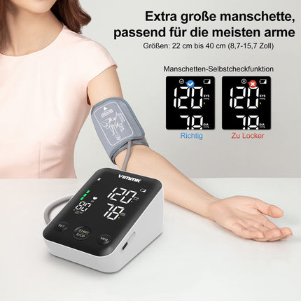 Vimmk Blood Pressure Monitor Upper Arm Digital Blood Pressure Monitor LED Display, Arrhythmia Detection &amp; Pulse Measurement, 2x120 Memory, Cuff 22-40cm